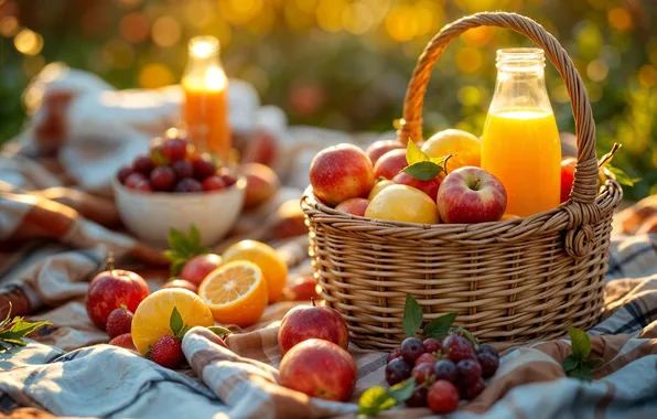 Summer, berries, stay, basket, juice, summer, fruit, picnic