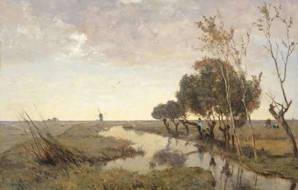 Landscape, oil, picture, 1878, Paul Gabriel, Paul Gabriel, Watercourse near Abcoude
