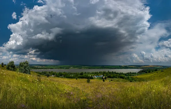 Field, clouds, river, village, settlement