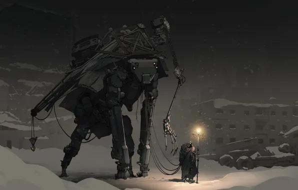 Winter, light, fiction, people, robot, the evening, hood, traveler