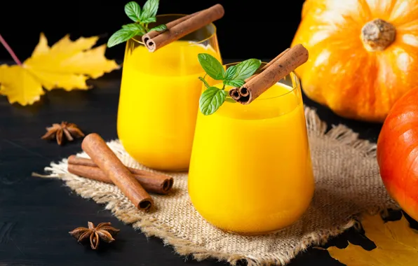 Glasses, juice, pumpkin, drink, cinnamon, mint, burlap, maple leaves