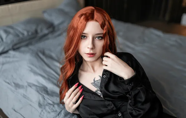 Look, girl, portrait, piercing, tattoo, red, manicure, Pixi