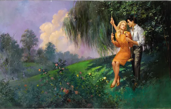 Picture girl, nature, swing, blonde, pair, male, guy, Ed Tadiello