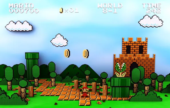 Picture the sky, trees, pipe, castle, Mario, coin, mario