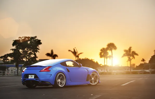 Picture the sun, sunset, blue, tuning, Nissan, Blik, Nissan, blue