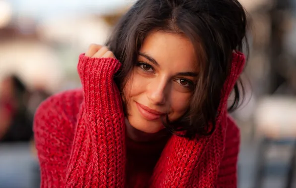 Picture Brunette, Smile, RED, Sight, Pullover