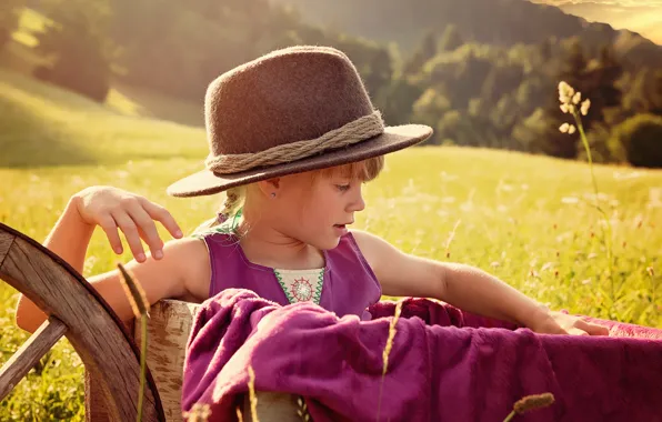 Summer, nature, meadow, girl, hat, cart, child
