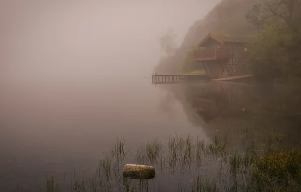 Fog, lake, house, reflection, shore, stone, morning, hill