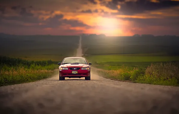 Road, sunset, space, Ford Mustang