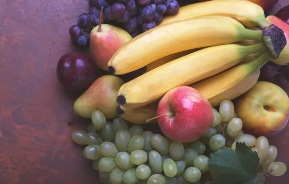 Apples, grapes, bananas, fruit, plum, pear, different, cuts