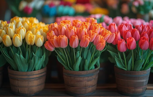 Flowers, Board, spring, yellow, tulips, red, pink, a lot