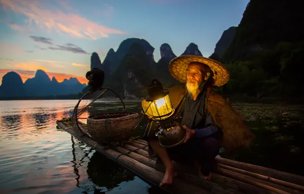 Bird, boat, fisherman, lantern, China, cormorant, district Guangxi Joins, the river Li