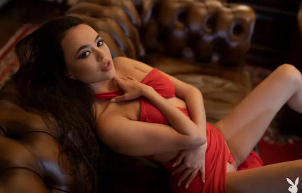 Playboy, Model, Red Dress, Legs Spread, Looking Up, Li Moon, On The Couch