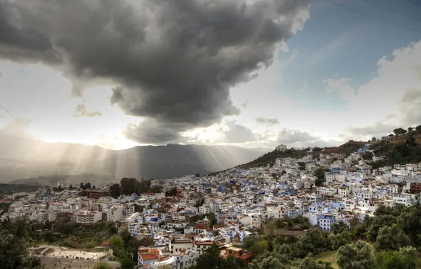 Picture the sky, clouds, trees, mountains, home, panorama, the rays of the sun, Morocco
