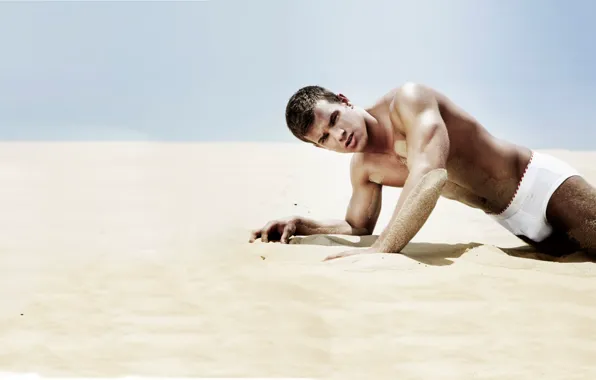 Sand, model, briefs, guy, men, naked, pressed