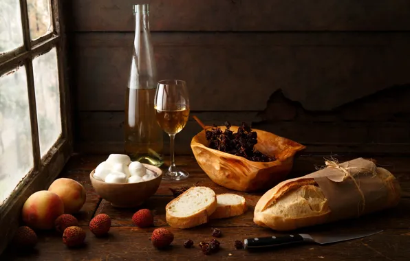 Picture style, table, wine, glass, bottle, cheese, window, bread
