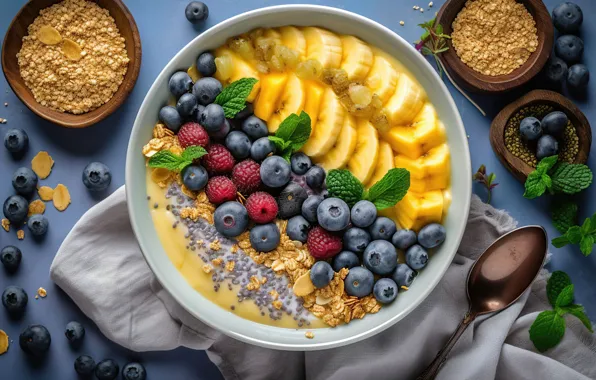 Berries, raspberry, Breakfast, blueberries, bananas, bowl, cereal, digital art