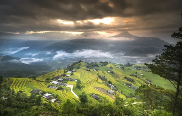 Picture field, clouds, landscape, mountains, nature, village, figure, Vietnam