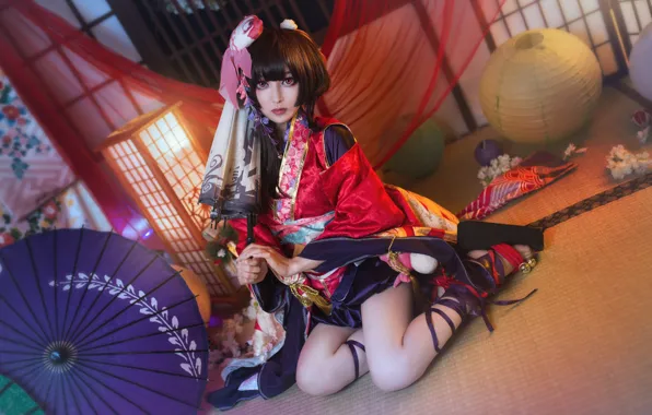 Look, girl, face, pose, style, background, room, umbrella