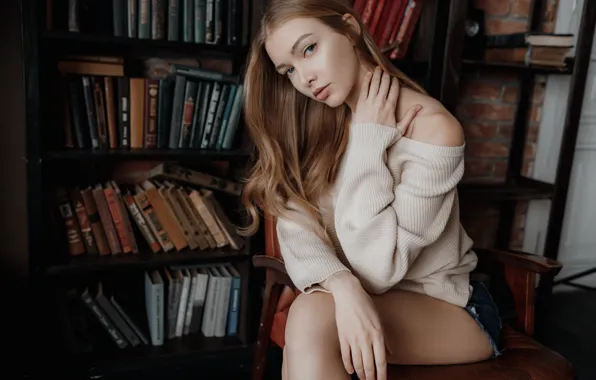 Picture look, girl, pose, books, hands, shoulder, long hair, sweater