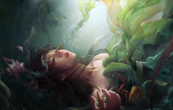 Picture water, girl, algae, flowers, the situation, art, fantasy