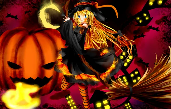 Picture girl, lights, home, a month, anime, art, pumpkin, witch