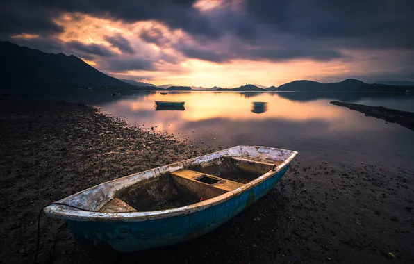 The sky, clouds, sunset, mountains, shore, boats, Bay