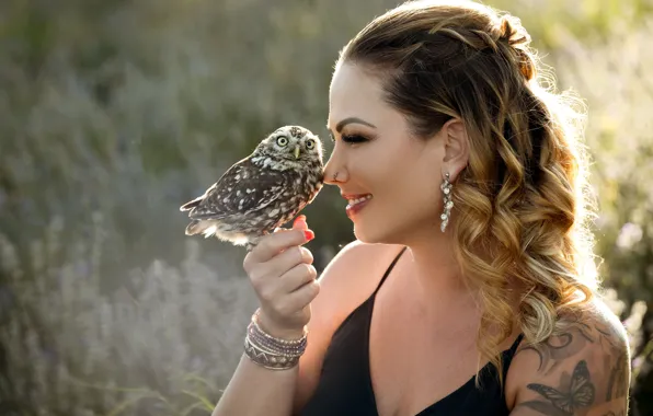 Nature, Girl, Owl, Bird, Smile, Hair, Nature, Owl