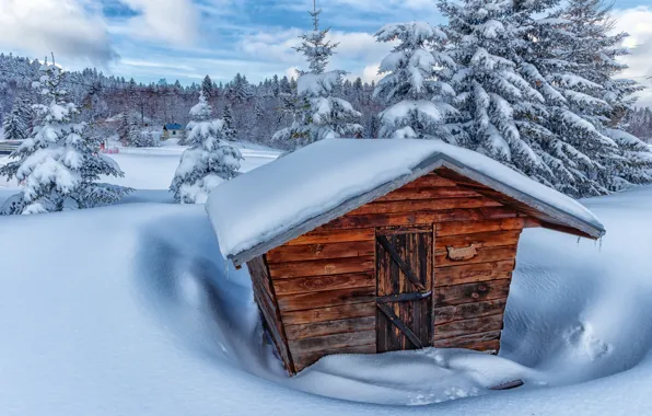Snow, trees, mountains, France, shed, The Feclaz
