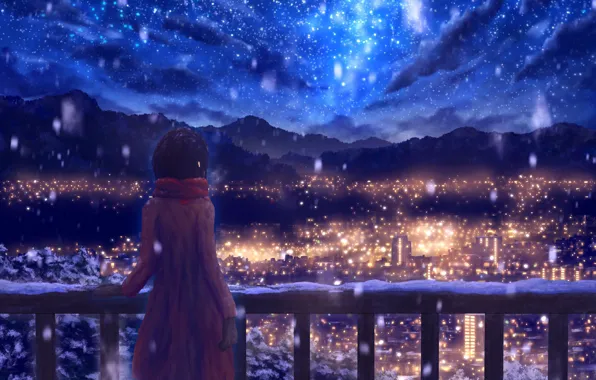 Winter, the sky, snow, mountains, night, the city, drawings, girl
