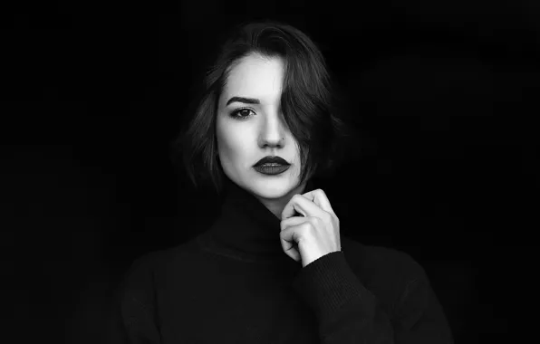 Girl, face, lipstick, black and white