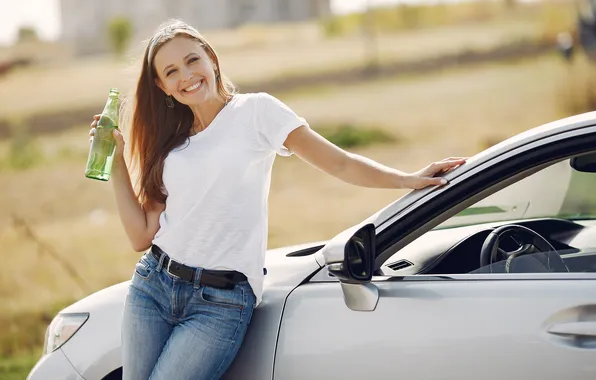 Car, girl, young, beautiful, jeans