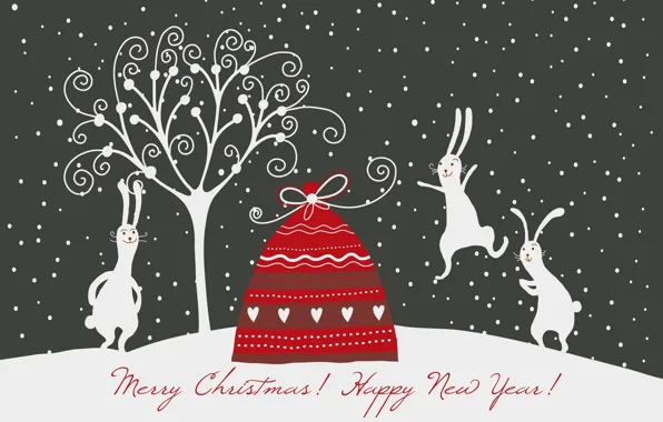 Picture new year, Christmas, rabbits, rabbits, a bag with gifts