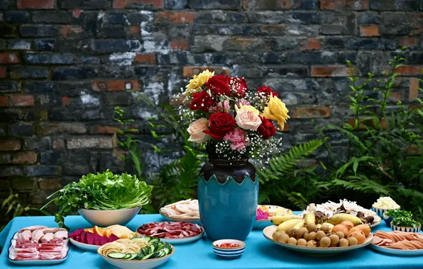 Greens, table, holiday, food, roses, bouquet, yellow, meat