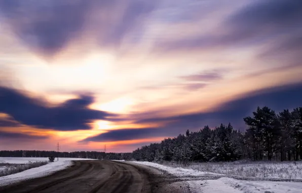 Picture winter, road, forest, the sky, grass, clouds, light, snow