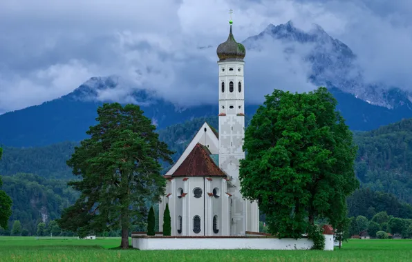 Clouds, trees, mountains, Germany, Bayern, Alps, Church, Germany