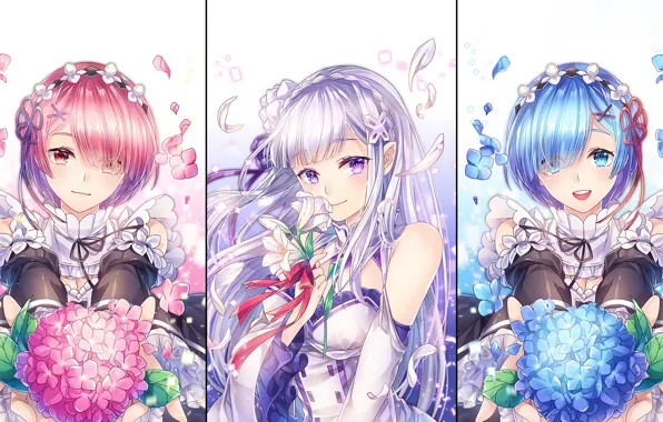 Flowers, girls, elf, demons, anime, art, sisters, ram