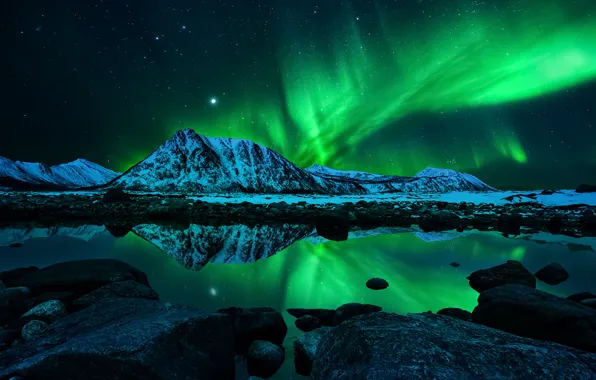 The sky, stars, mountains, night, lights, reflection, Northern lights, Aurora Borealis