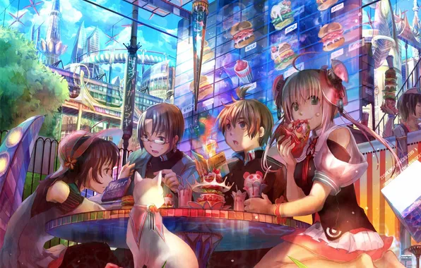 Picture cat, holiday, anime, boy, girl, cafe, sweets, friends