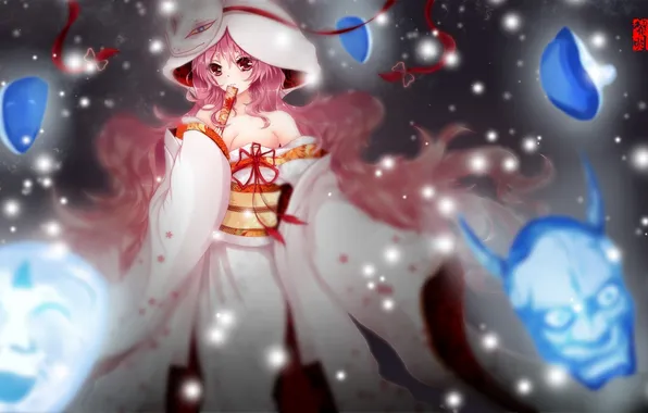 Picture chest, look, girl, magic, fan, neckline, mask, touhou