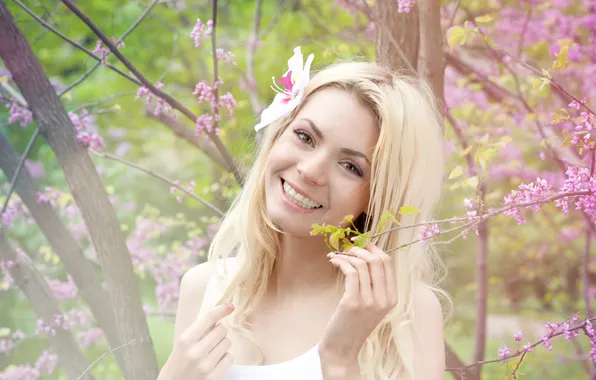 Girl, trees, branches, smile, mood, spring, blonde