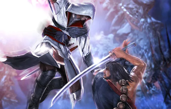 Sword, battle, fighters, Katana, Ezio auditore da Firenze, Ezio Auditore da Firenze, Mitsurugi, SoulCalibur V