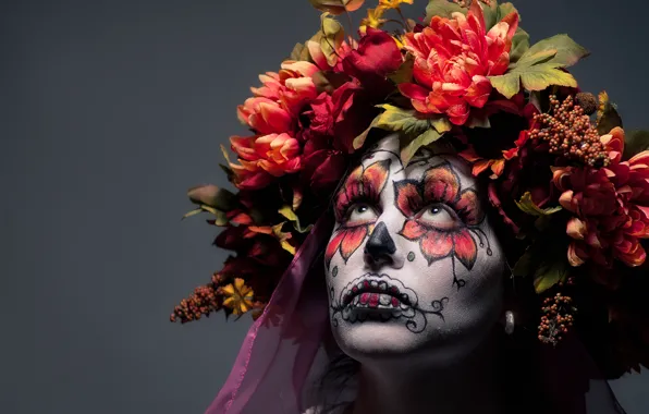 Girl, flowers, face, paint, day of the dead, day of the dead