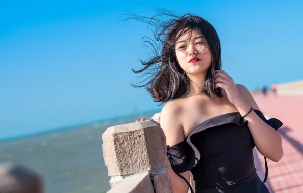 Girl, the wind, hair, brunette, Asian, cutie, shakes