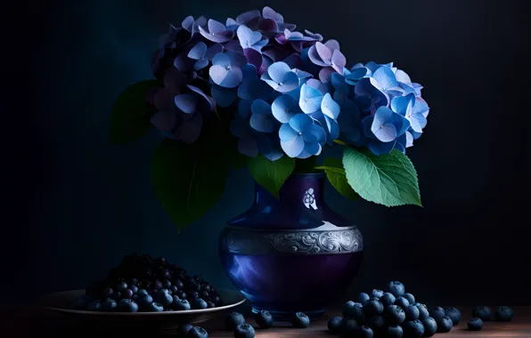 Leaves, flowers, berries, the dark background, table, bouquet, blueberries, blue