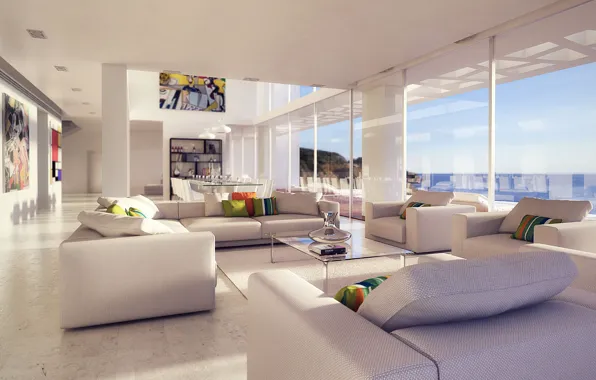 Villa, interior, living room, dining room, living space, luxury villa