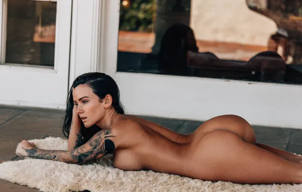 Ass, boobs, model, tattoo, women, brunette, reflection, door