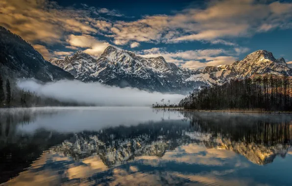 Mountains, fog, lake, reflection, Austria, Alps, Austria, Alps