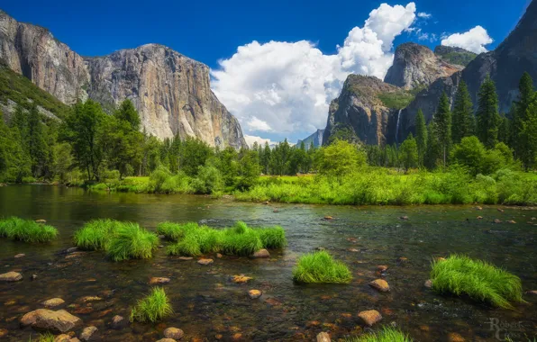Grass, clouds, landscape, mountains, nature, river, stones, USA