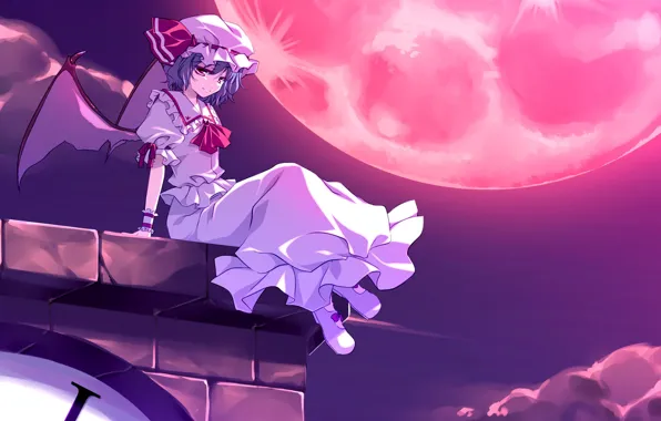 Picture night, blood, the full moon, Touhou, vampire, black wings, Remilia Scarlet, blood Moon